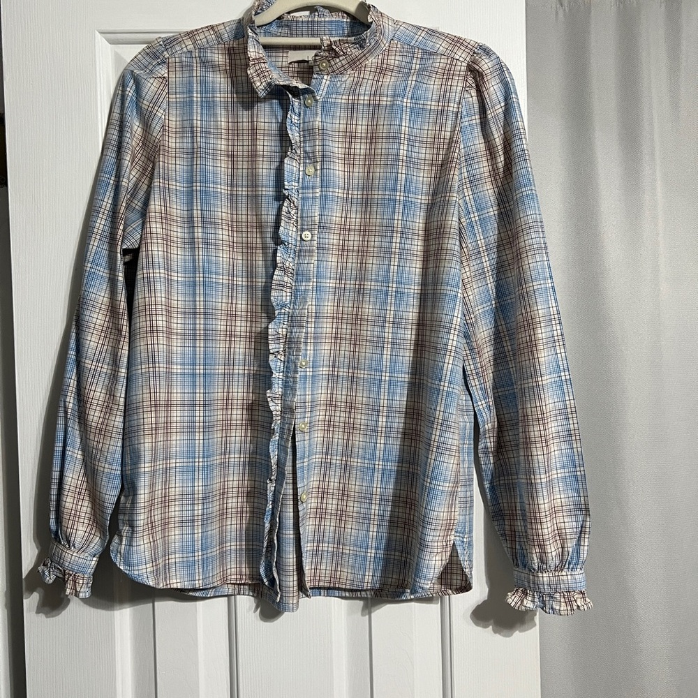 Loft womens button front ruffle plaid shirt Size M. Great for Office Look